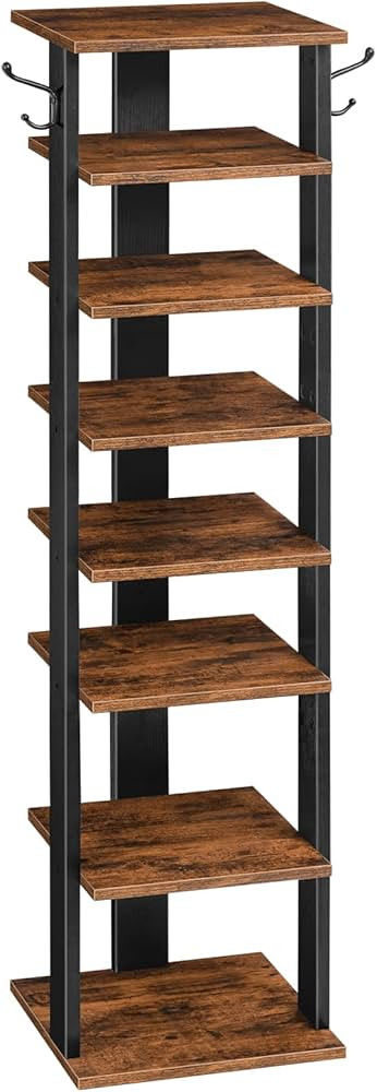 HOOBRO 8 Tiers Vertical Shoe Rack, Wooden Shoe Storage Organizer with Hooks, Narrow Shoe Tower fo... | Amazon (US)