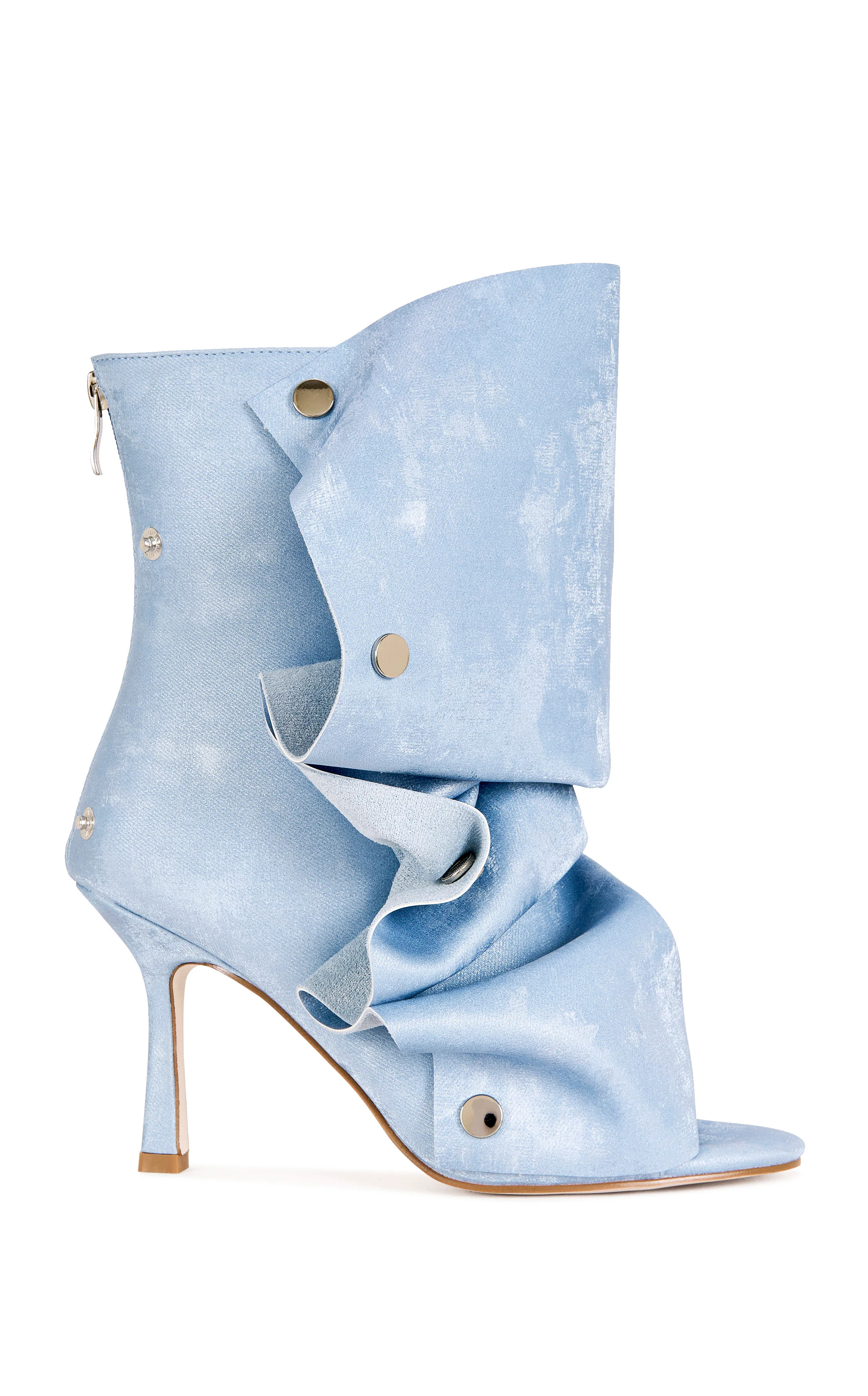 BIRDSONG-DENIM LIQUID LUXE PEEP TOE STILETTO BOOTIE | Azalea Wang