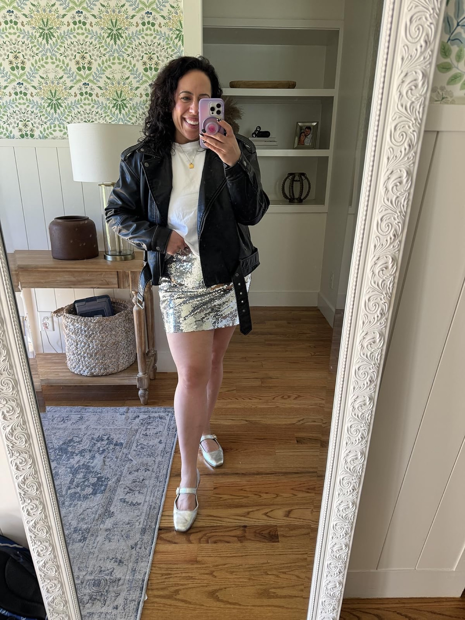 This outfit is absolutely perfect for the upcoming holiday season! This sparkle mini skirt is so fun🤍

Holiday season outfit idea, christmas outfit idea, sparkle mini skirt, leather jacket, ballet flats, midsize ootd

#LTKHoliday #LTKSeasonal #LTKStyleTip