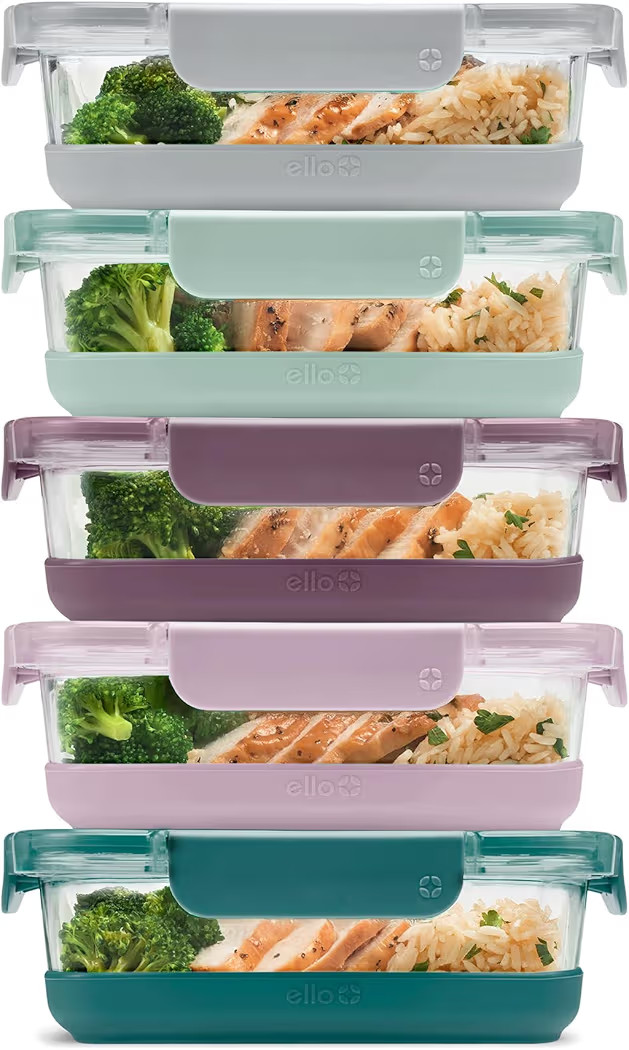 Ello Duraglass 3.4 Cup Meal Prep Sets 10Pc, 5 Pack Set- Glass Food Storage Container with Silicone Boot and Airtight BPA-Free Plastic Lids, Dishwasher, Microwave, and Freezer Safe, Garden Goals | Amazon (US)