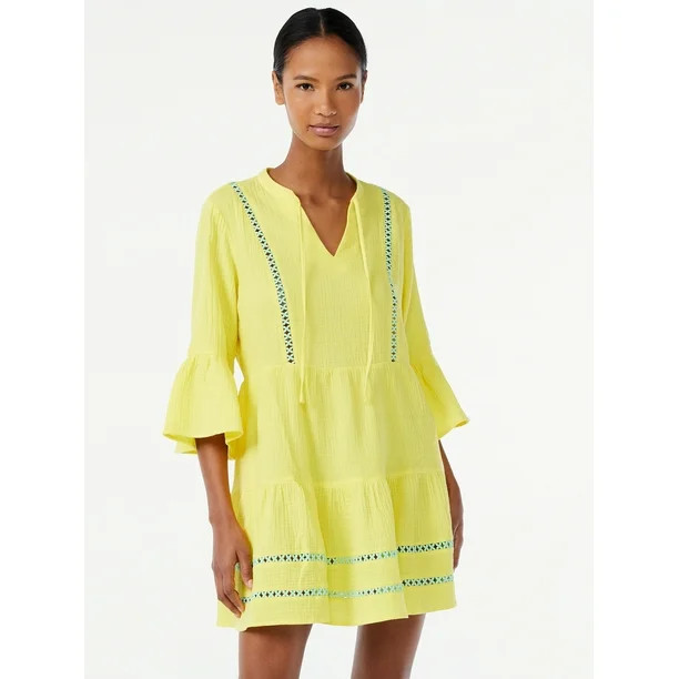 Scoop Women's Lace Trimmed Mini Dress with ¾ Sleeves - Walmart.com | Walmart (US)