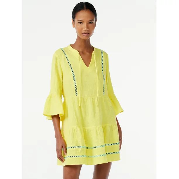 Scoop Women's Lace Trimmed Mini Dress with ¾ -Length Sleeves | Walmart (US)