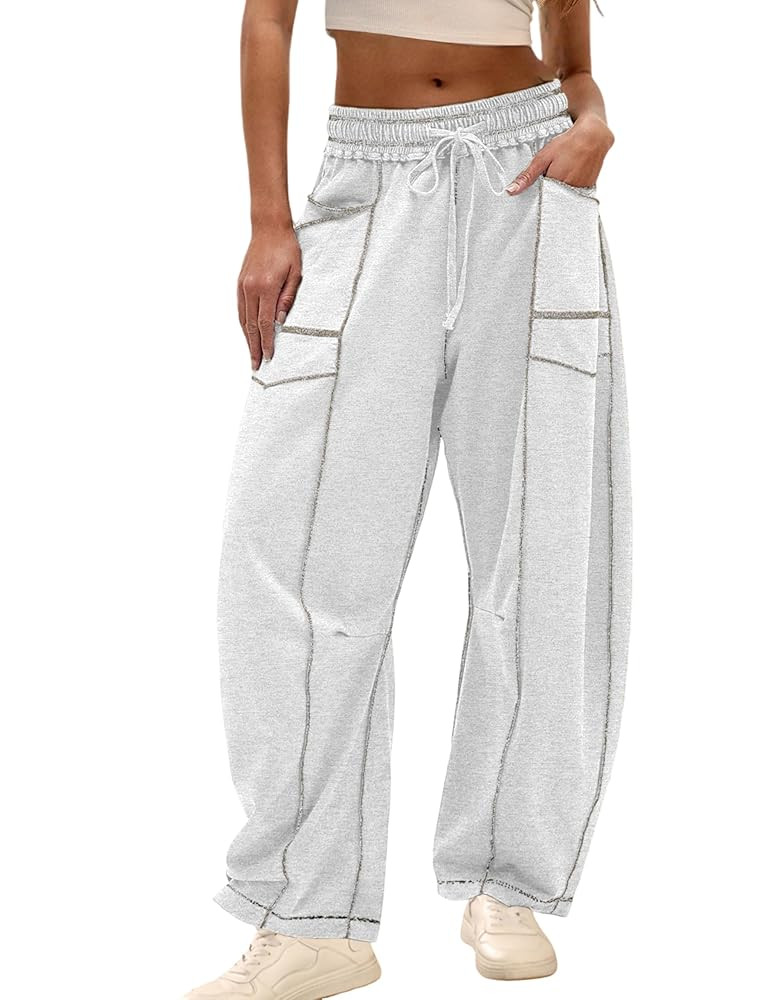 Athlisan Womens Baggy Barrel Pants Wide Leg Drawstring Sweatpants with Pockets(LightGrey-S) | Amazon (US)