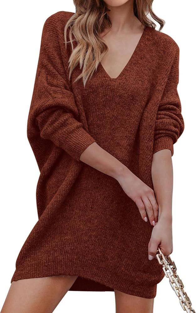 PRETTYGARDEN Women's Pullover Sweater Dress Casual Long Sleeve Ribbed Knit V Neck Loose Oversized... | Amazon (US)