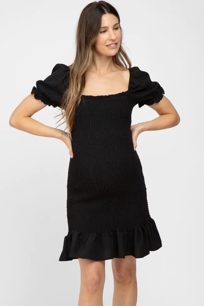 Black Smocked Puff Sleeve Maternity Dress | PinkBlush Maternity