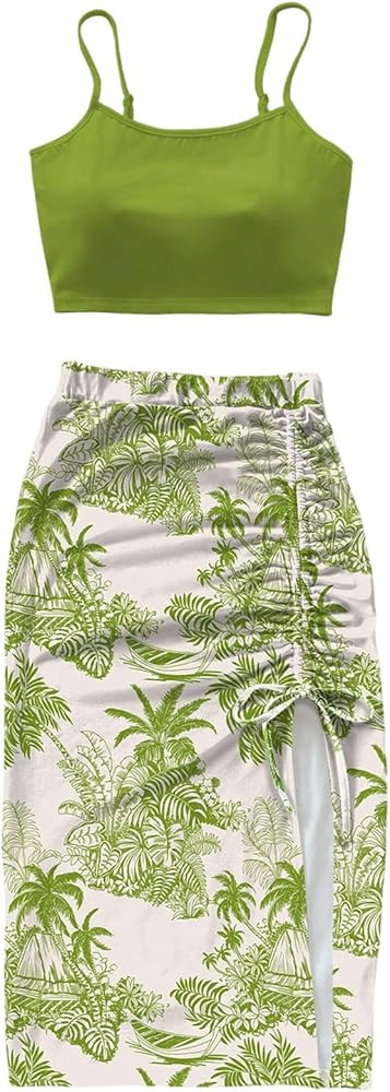 SweatyRocks Women's 2 Piece Summer Skirt Sets Tropical Print Crop Cami Top and Midi Skirt | Amazon (US)