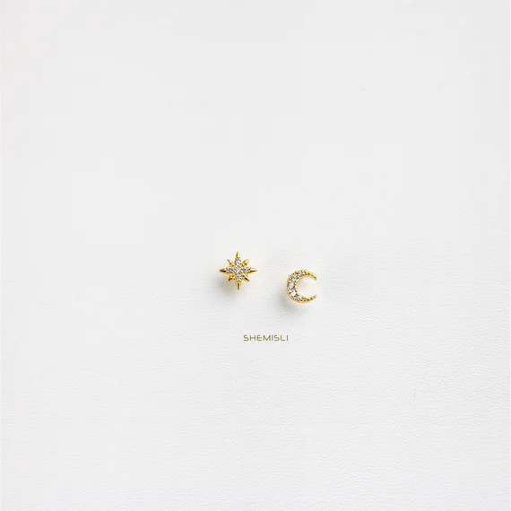 Moon and Star Earrings Mismatched Celestial Studs Starburst - Etsy | Etsy (US)
