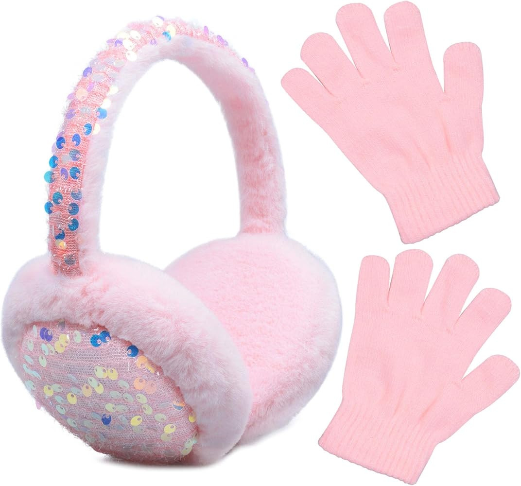 Ear Muffs Gloves Set for Kids, Winter Adjustable Sequins Warm Earmuffs for Kids Outdoor Cold Weat... | Amazon (US)