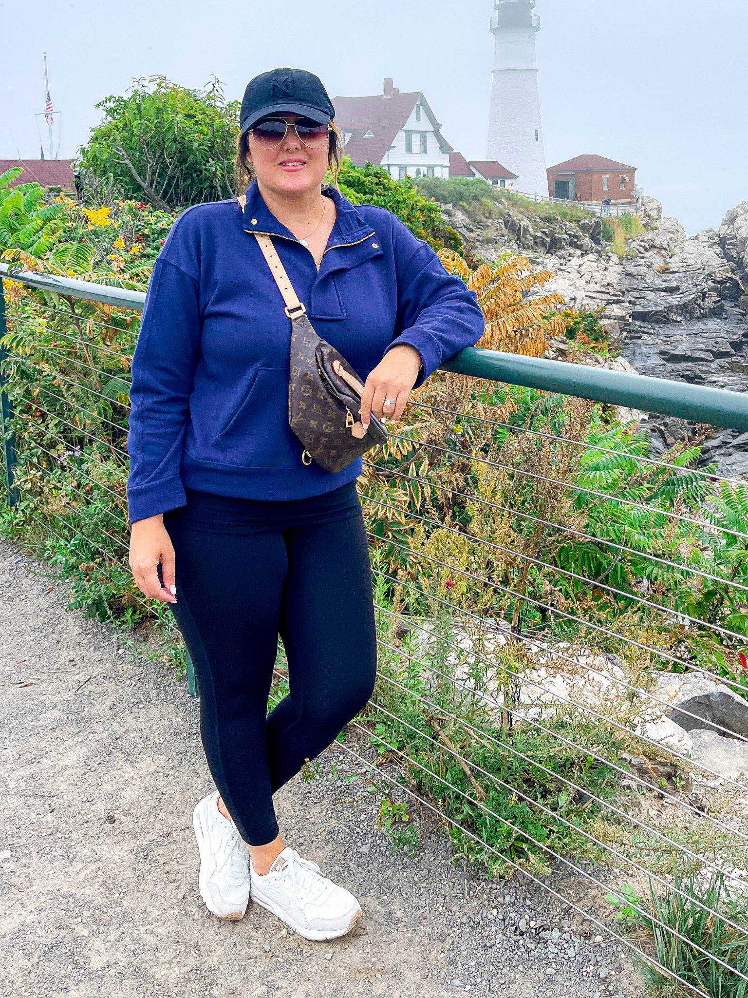 Maine ootd, trip to maine, nautical outfit, comfy outfit, travel outfit, fall outfit, leggings, sweatshirt, white Nikes, ball cap, New England inspired outfit, Portland light house 
Xl - in sweatshirt and large in leggings 

#LTKSeasonal #LTKtravel #LTKcurves