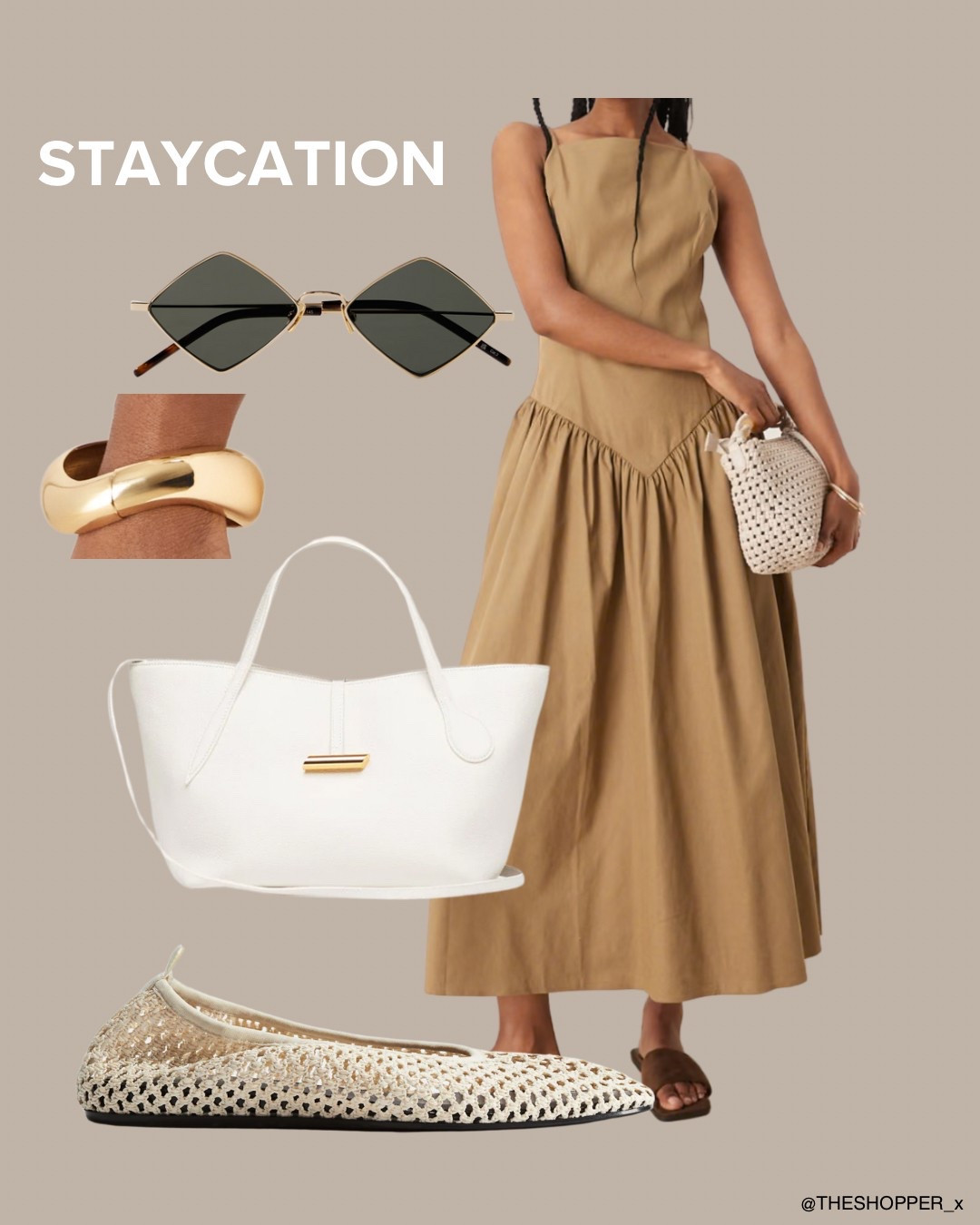 Staycation
Sleeveless cami dropped waist dress, square metal frame sunglasses, bracelet with twist bangle, tote cream white bag, mesh ballet flats

#LTKsummer #LTKspring #LTKuk