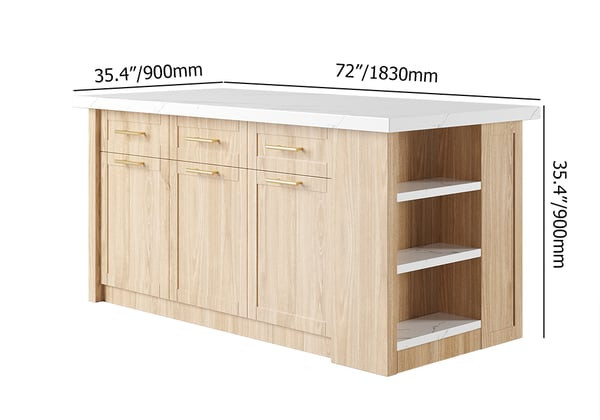 72" Large White & Black Kitchen Island with Storage Kitchen Cabinet Marble Veneered Top | Homary