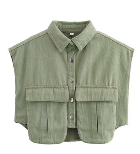 Hotmiss Womens Cropped Button Down Shirt Summer Collared Sleeveless Loose Denim Top with Pockets | Amazon (US)