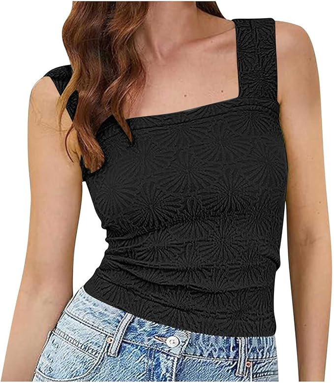 Tank Tops for Women 2024 Trendy Square Neck Wide Straps Crop Tank Tops Slim Fit Crop Cami Tops | Amazon (US)
