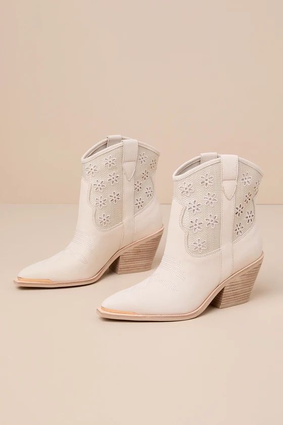 Nashe Oatmeal Nubuck Leather Floral Eyelet Western Ankle Boots | Lulus