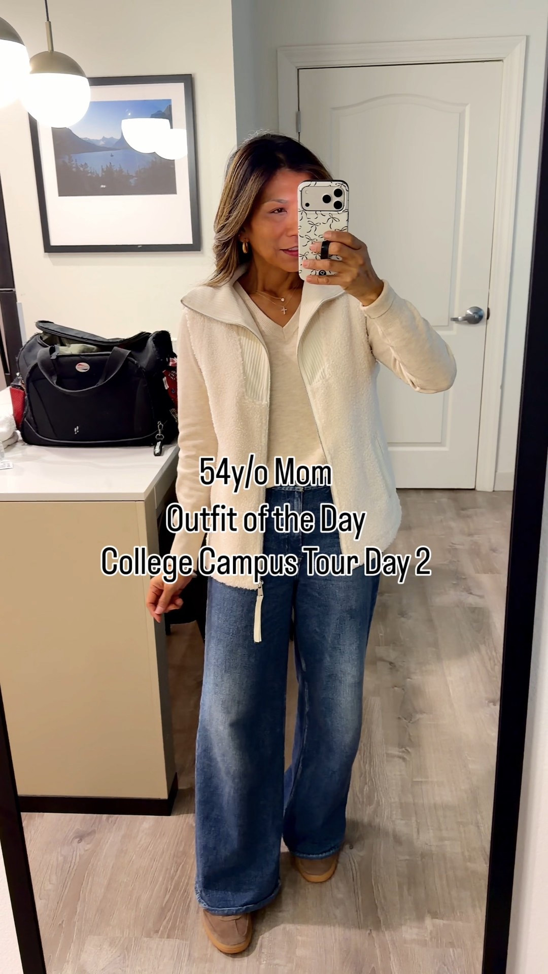 I’m 5’2” 118#ish for reference
Sweatpant Jeans I sized down. Wearing size 25 runs big. This is the ankle length which is petite-friendly I’m 5’2”-wash is Venice.
Vest in small color Beige.
Sweater small tts color Almond. 
Adidas sneakers size down.
Bag in small color taupe. 
Fashion over 50, casual outfitts

#LTKPetite #LTKOver40 #LTKTravel