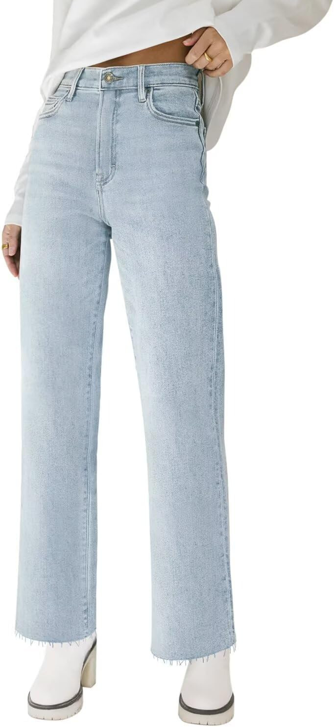 KDF Straight Leg Jeans for Women High Waisted Frayed Baggy Pants Stretchy Cropped Wide Leg Jeans | Amazon (US)