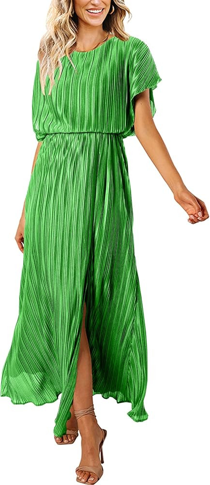 ECOWISH Womens Summer Maxi Dresses: Crew Neck Ruffle Cocktail Dress Sexy Pleated Slit Long Sundre... | Amazon (US)