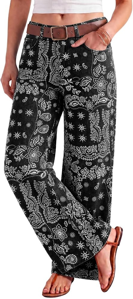 Tankaneo Womens Boyfriend Baggy Jeans Boho Wide Leg High Waist Denim Pants | Amazon (US)