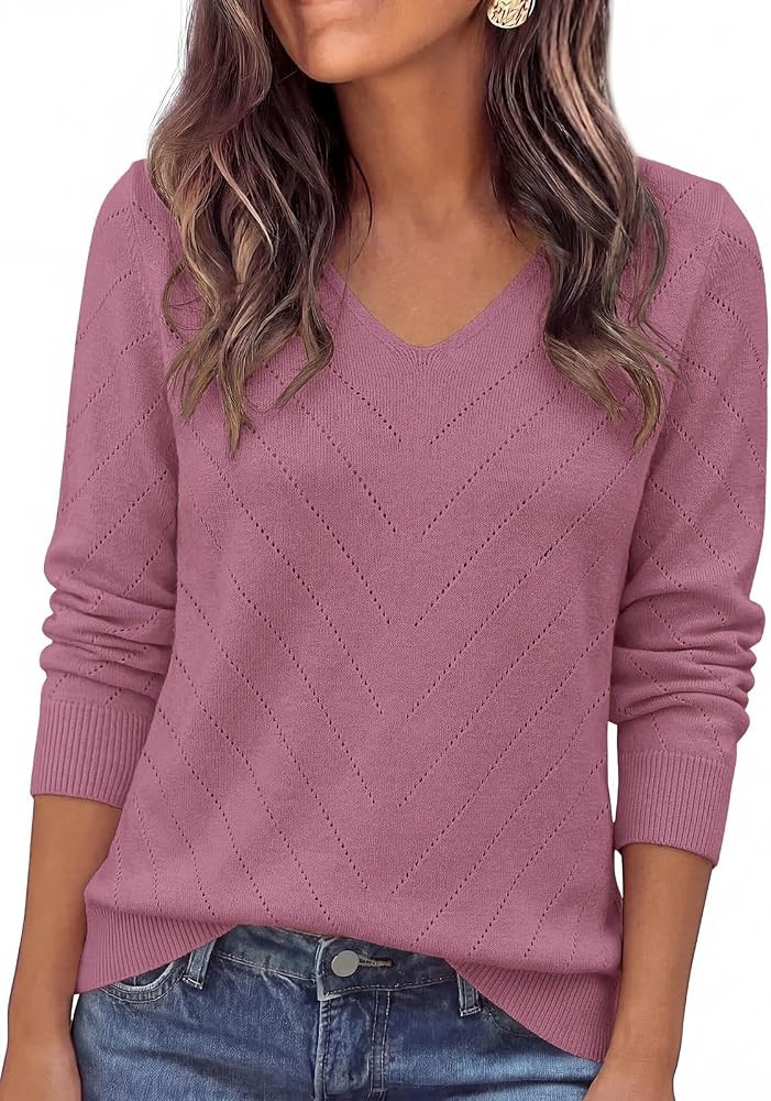 PRETTYGARDEN Long Sleeve V Neck Hollow Out Pullover Sweaters for Women | Amazon (US)