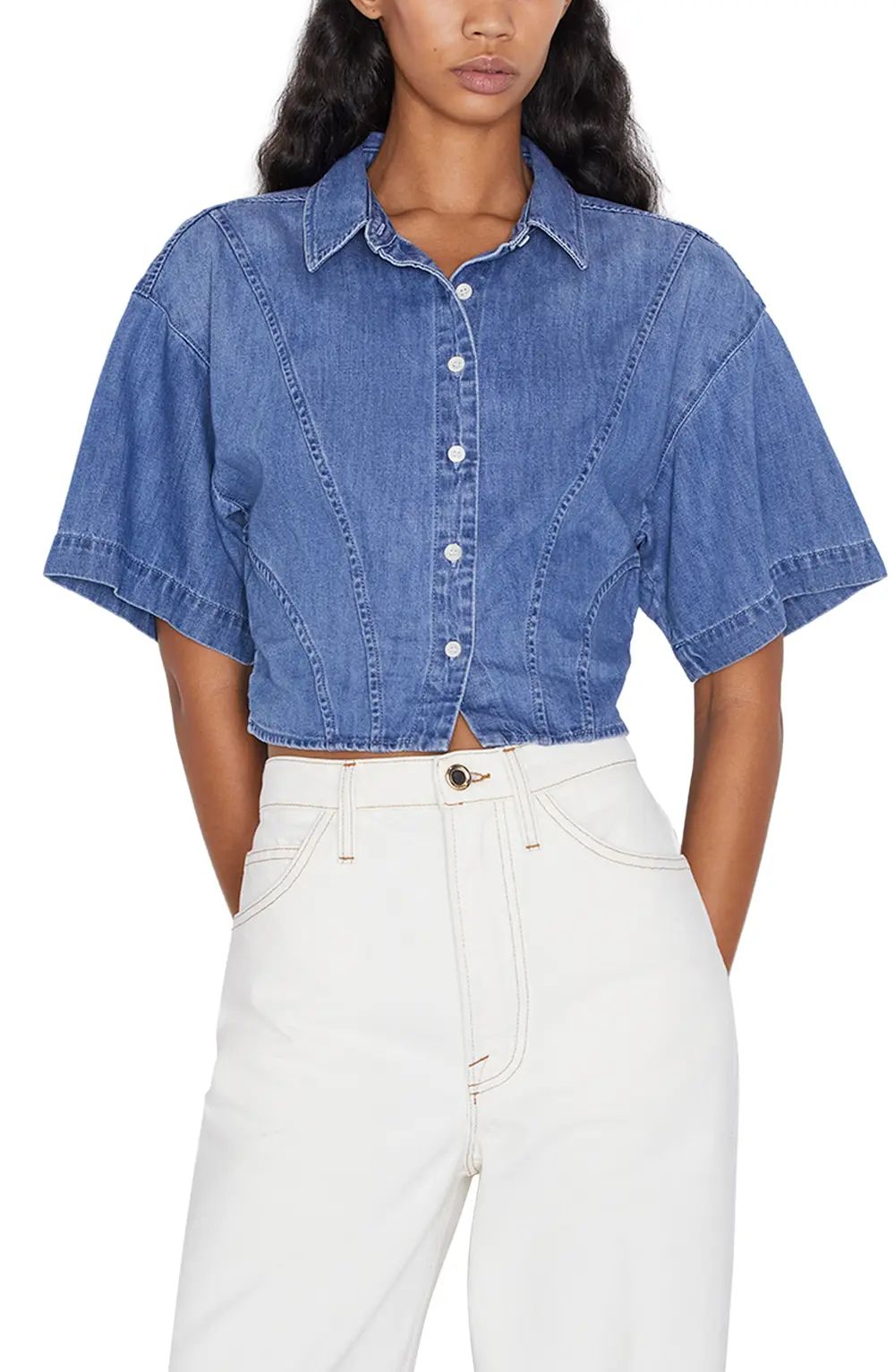 FRAME Crop Smocked Waist Denim Shirt, Size Small in Shoreline Wash at Nordstrom | Nordstrom Canada