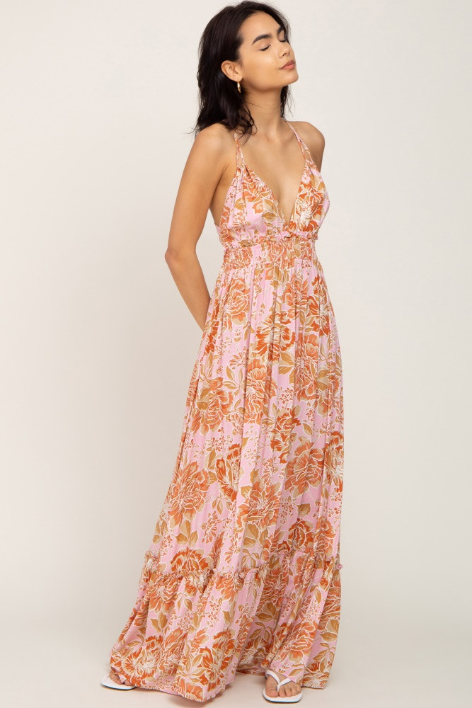 Pink Floral Tie Back Cutout Maxi Dress | PinkBlush Maternity