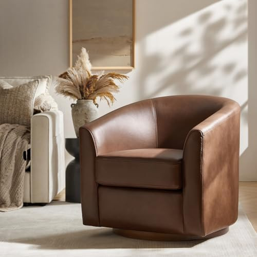 HULALA HOME Genuine Leather Swivel Accent Chair with Solid Wood Base, Round Swivel Barrel Chair f... | Amazon (US)