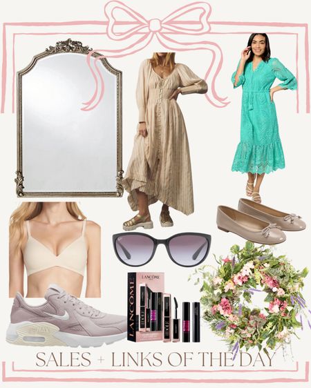 Sales and links of the day! Gorgeous mirror over 50% off, 2 spring dresses, Easter dresses available and on sale, our favorite bra to wear with low cut tops and dresses, Emma’s cat eye Ray Ban sunglasses over 30% off, Nike air max’s - so cute for spring (on sale), Sam Edelman ballet flats on sale, my favorite mascaras that come in a perfect travel set and a beautiful spring wreath! 💕

#LTKsalealert #LTKfindsunder100 #LTKhome