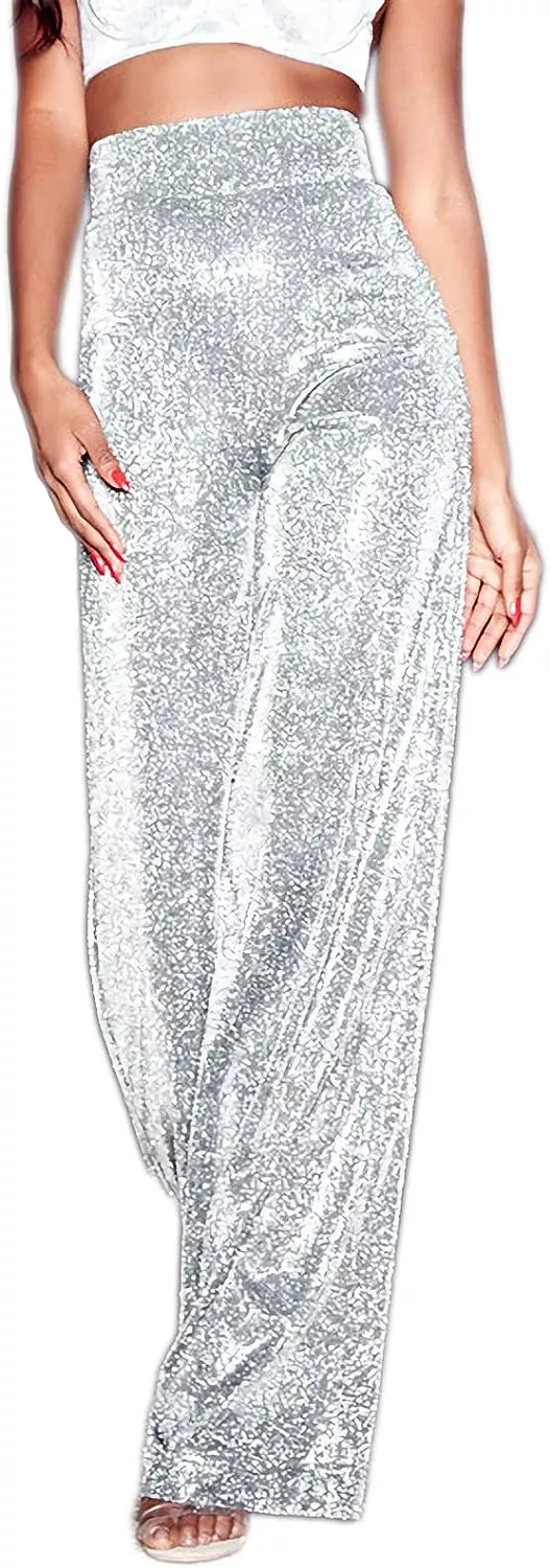Velius Women's Sexy Metallic Sparkly Wide Leg Pants Trousers Clubwear  (Small, Black) at  Women's Clothing store