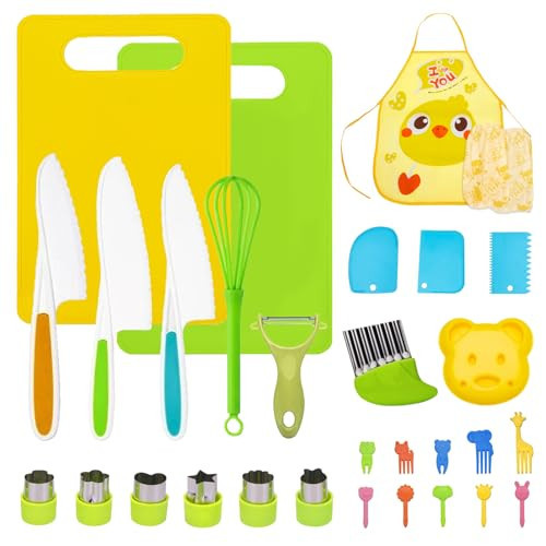 31pcs Kids Knife Set for Real Cooking, Toddler Knife Set, Montessori Kids Kitchen Knife Set with Cutting Board Crinkle Cutters Kid Safe Knives,3 4 5 6 7 8 9 10 Year Old Boys Girls Birthday Christmas | Amazon (US)