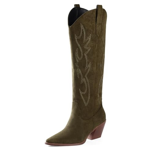 iiimmu Cowgirl Boots Women Knee High Boots Pointed Toe and Block Heel Cowboy Suede Boots with Embroidered, Olive Size 7.5 | Amazon (US)