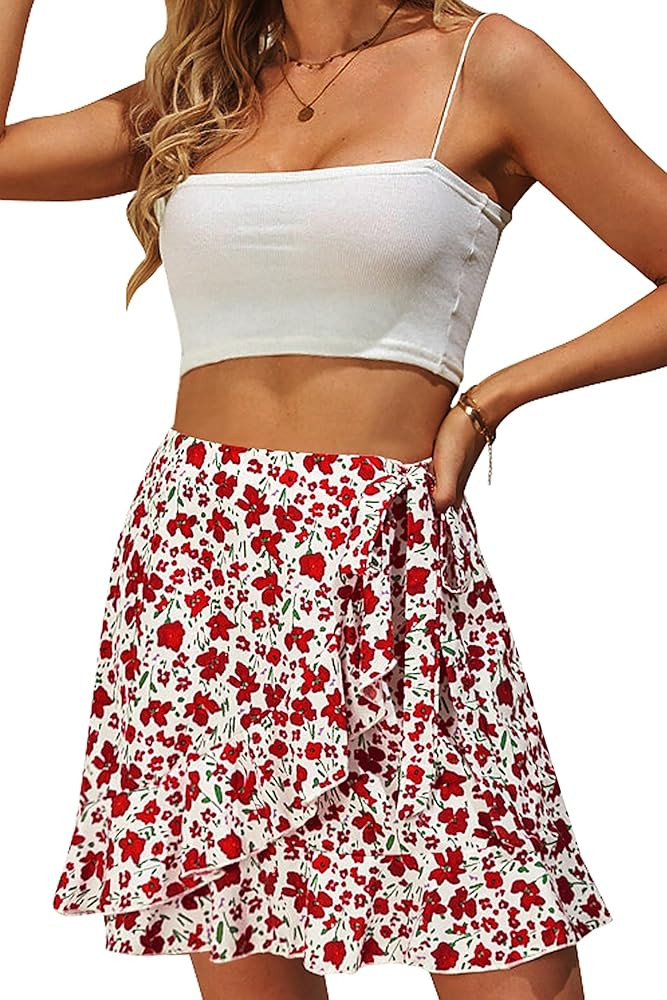 Naggoo Women's Summer Wrap Floral High Waist Ruffle Short Mini Skirts | Amazon (US)