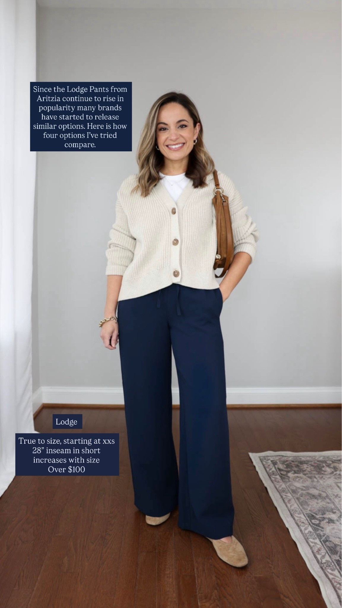 Four pairs of crepe pants for petites and how they compare to the original Lodge pants 

All options are crepe and relatively wrinkle resistant. The fabric is similar in weight - Aritzia does have the nicest drape and fit but also the longest inseam that increases with size. 

Aritzia: xxs short / 28”+ inseam. True to size 
Sweater: xs 
T-shirt: petite xs 
Shoes (sold out)