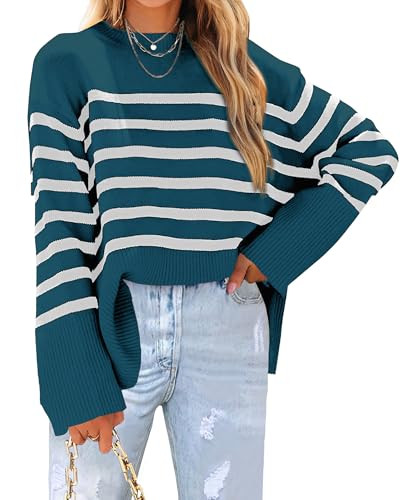 Womens Sweaters Fall 2025 Overiszed Striped Long Sleeve Side Slit Loose Pullover Sweaters Knitted... | Amazon (US)