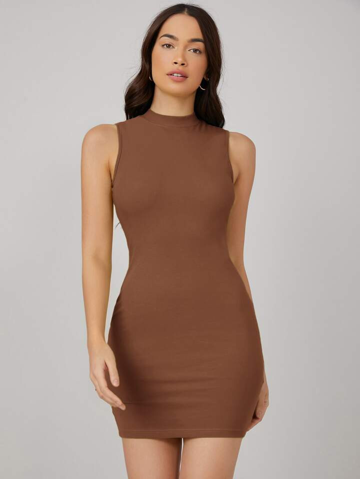 SHEIN BASICS Cotton Mock-Neck Bodycon Dress | SHEIN
