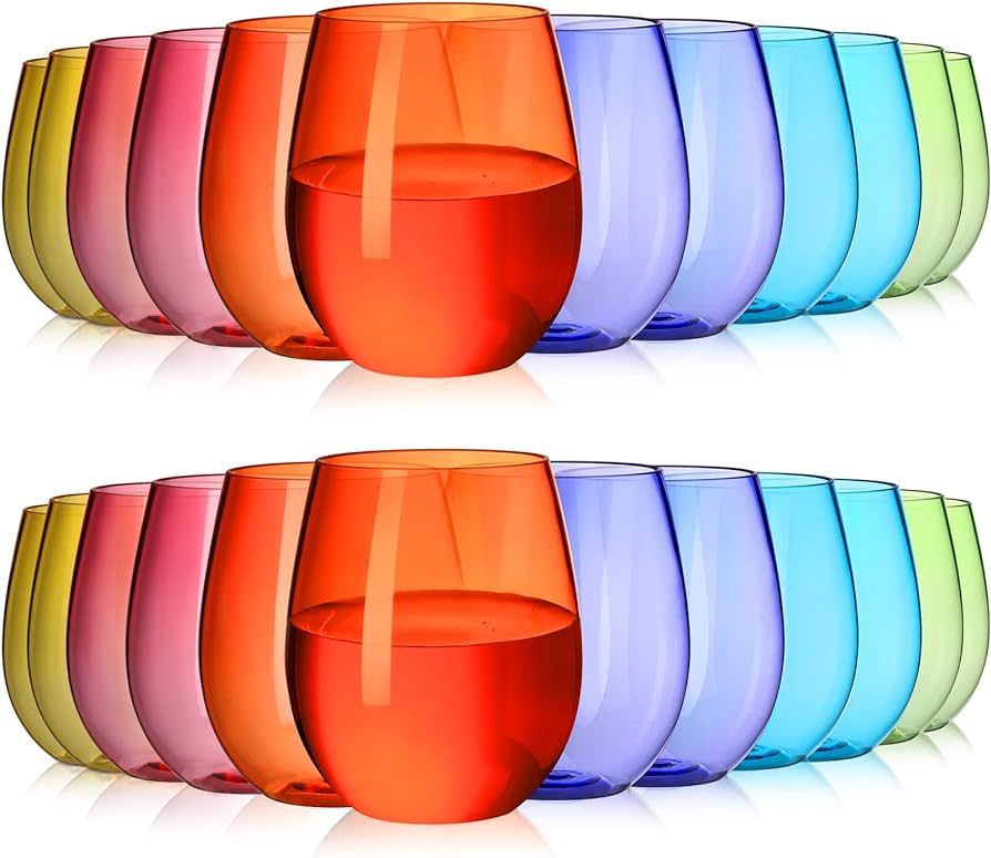 24 Pack 12oz Plastic Stemless Wine Glasses set Colored Plastic Reusable Wine Shatterproof BPA Fre... | Amazon (US)