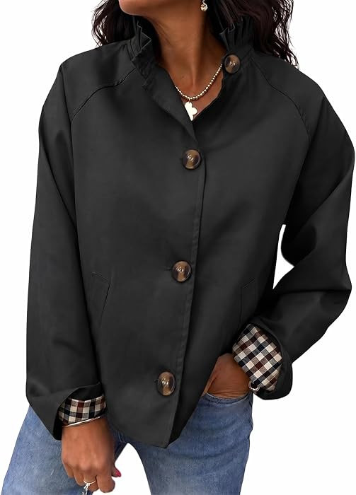 Cicy Bell Womens Ruffle Short Trench Coat Single Breasted Cropped Jackets | Amazon (US)