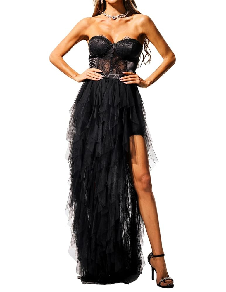 BELLA BARNETT Black Strapless Lace Dress Tiered Women Slit See Through Corset Maxi Prom Evening D... | Amazon (US)