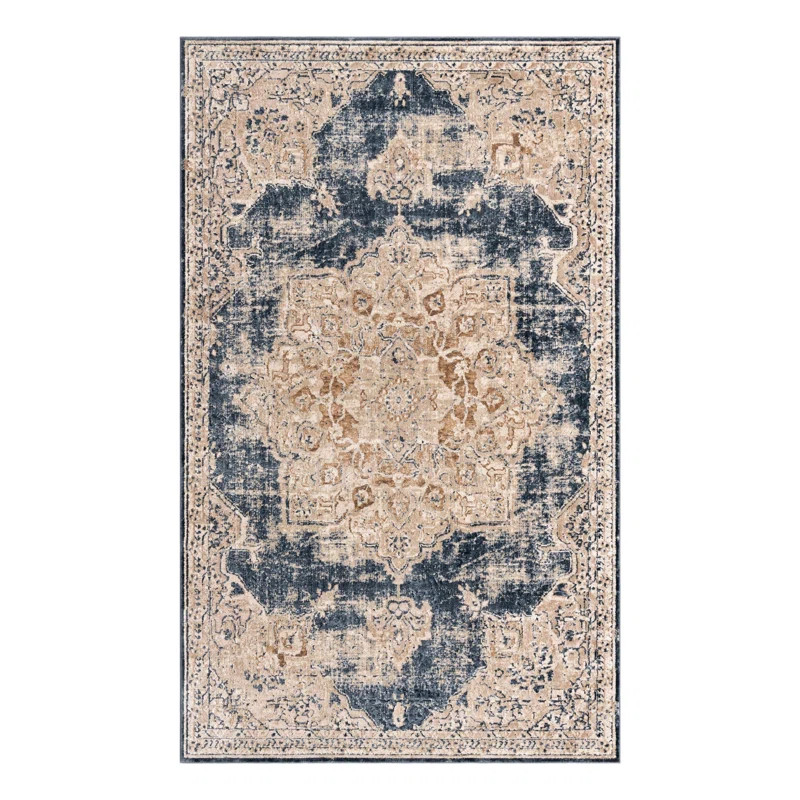 Landes Oriental Beige/Navy Blue Area Rug | Wayfair North America