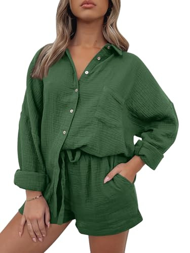AUTOMET 2 Piece Sets For Women Lounge Wear Matching Two Piece Pajama Fashion Oversized Shirts And Shorts Spring Outfit 2026 01GrassGreen S | Amazon (US)