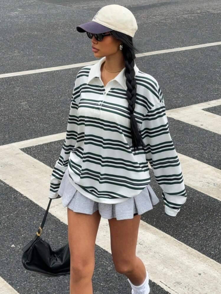 SHEIN EZwear Women's Casual Everyday Green Stripe Print Polo Neck Long Sleeve Knit T-Shirt, Spring/Autumn | SHEIN