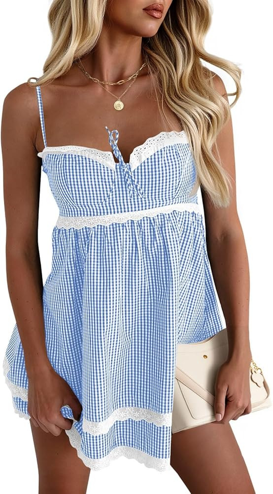 Wenrine Womens Summer Mini Dress Spaghetti Strap Sweetheart Y2K Plaid Lace Trim Tiered Beach Sund... | Amazon (US)