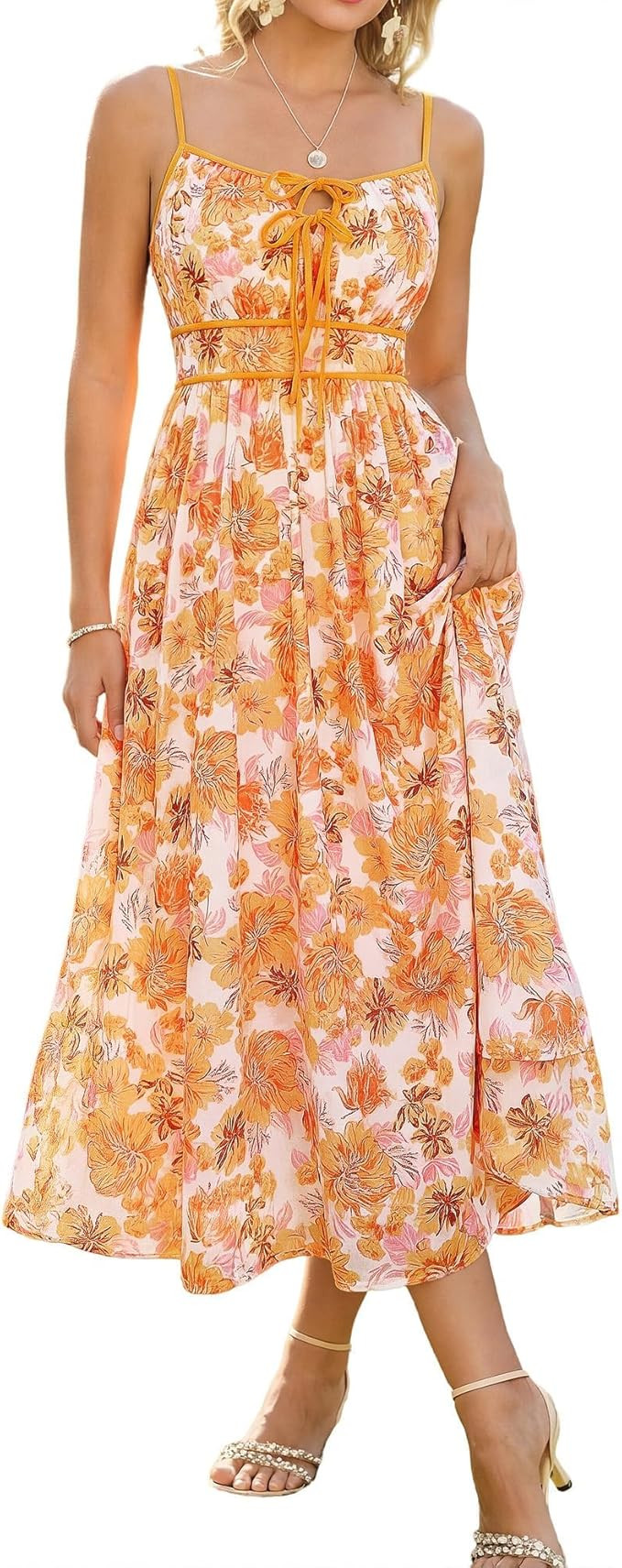 GRACE KARIN 2026 Women's Summer Maxi Floral Dress, Spaghetti Strap Tie Front Boho Sundress with P... | Amazon (US)