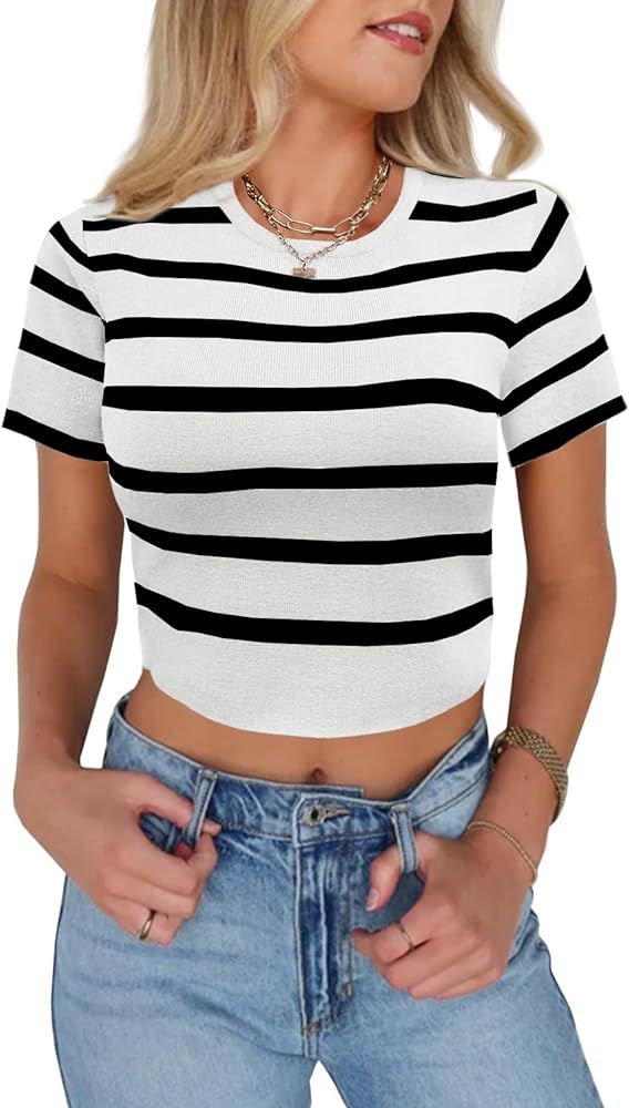 Imily Bela Womens Crop Sweater Tops Striped T Shirts Going Out Summer Knit Slim Fit Basic Tees | Amazon (US)