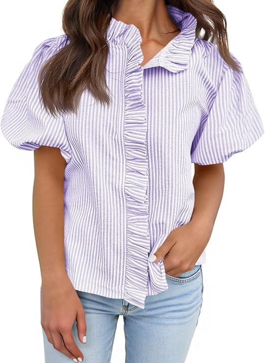 Tankaneo Womens Short Puff Sleeve Button Down Shirts Summer Ruffle Striped Work Tops Stand Collar... | Amazon (US)