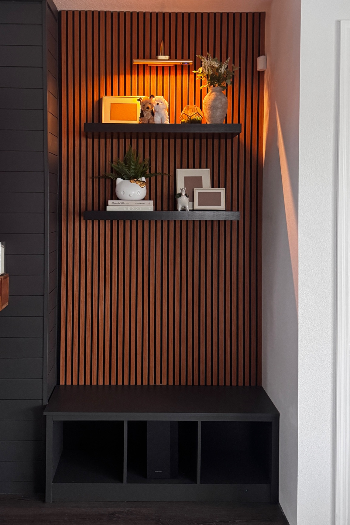 Media/TV wall design 🤗
Wood panels (soundproof btw), Floating shelves, Picture lights & Benches

#LTKHome