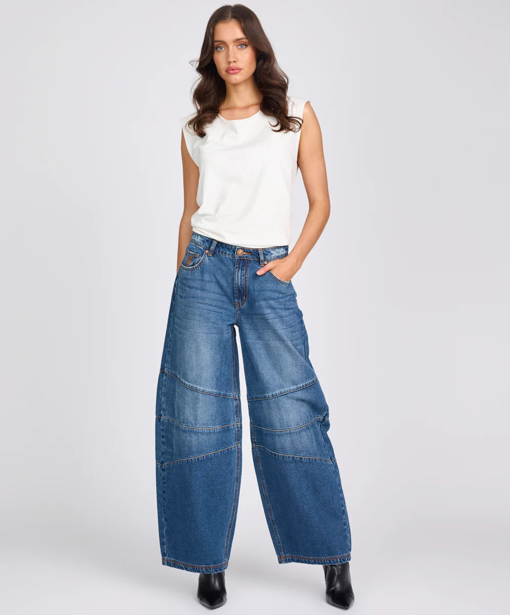 Barrel Mid Waist Wide Leg Denim Jeans - Deep Pacifica Blue | One Teaspoon | OneTeaspoon