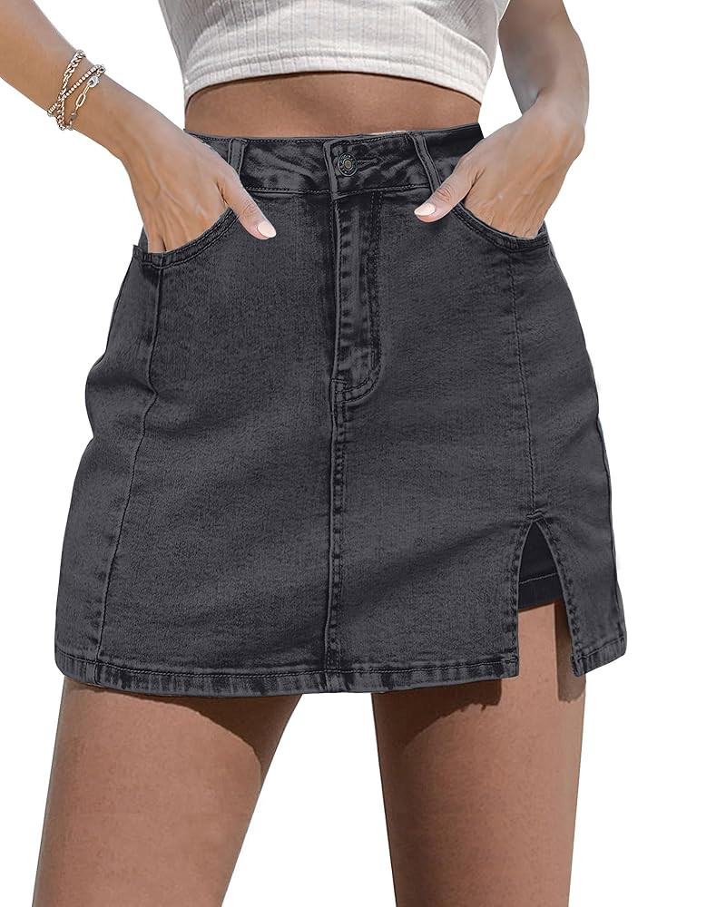 luvamia Skorts Skirts for Women Denim Mini Skirt Side Slit with High Waisted Jean Shorts Stretchy | Amazon (US)