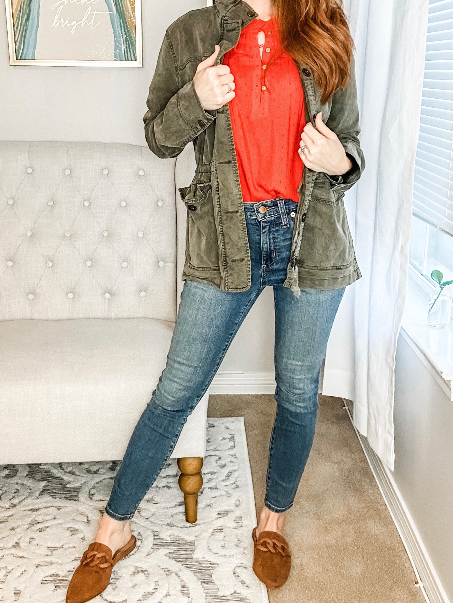 Red Ruffle Blouse in Petite | Green Utility Jacket | Cognac Mules

I’m wearing a petite small in the blouse and XS in the jacket  

#LTKstyletip #LTKshoecrush #LTKSeasonal