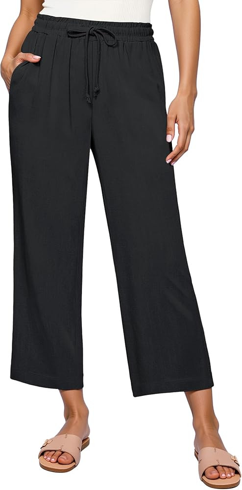 GRAPENT Linen Pants for Women High Waisted Wide Leg Capri Elastic Waist Casual Beach Flowy Croppe... | Amazon (US)