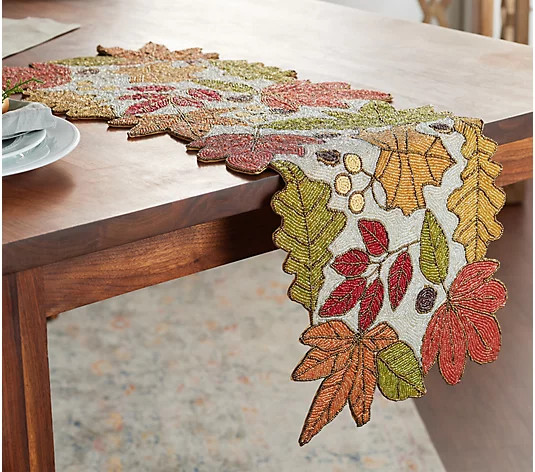 36" Beaded Embellished Harvest Leaves Table Runner by Valerie - QVC.com | QVC